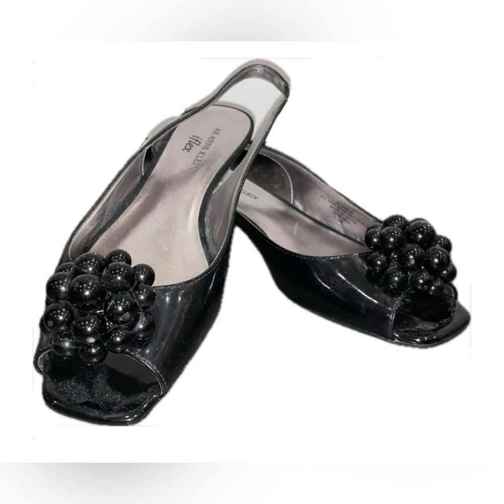Anne Klein Black Peep Toe Flats size 8 patent leather, sling back, like new